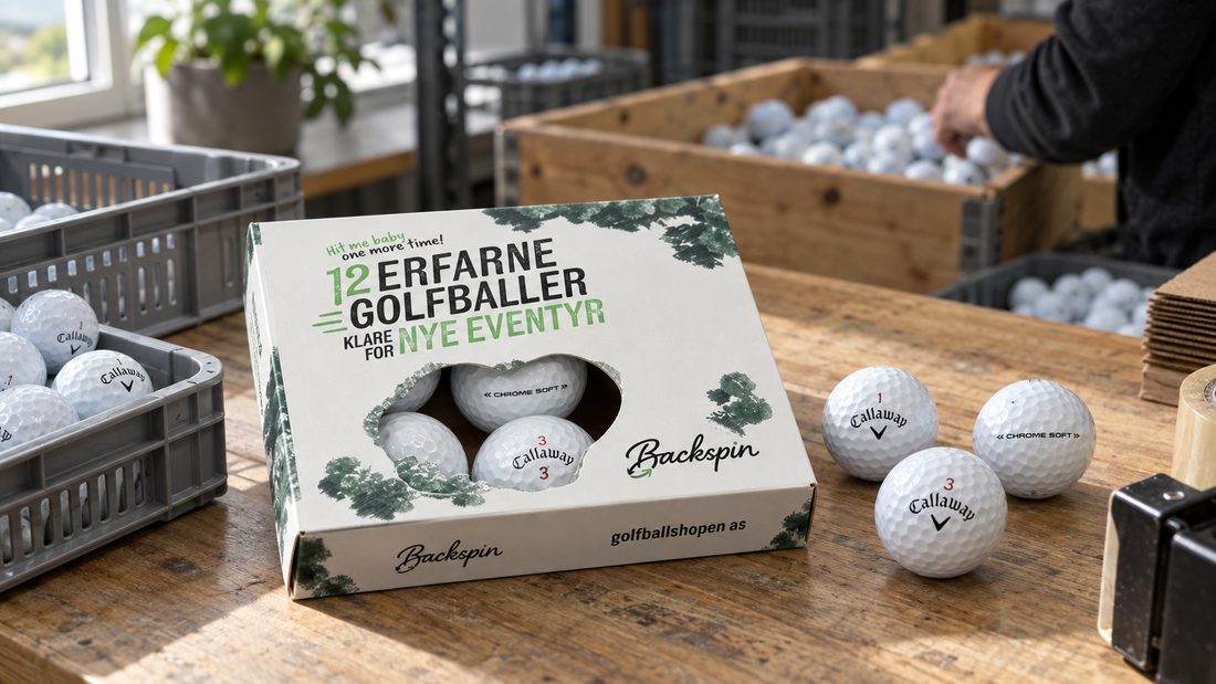 Callaway-golfballer og en Backspin-eske på en pakkebenk.