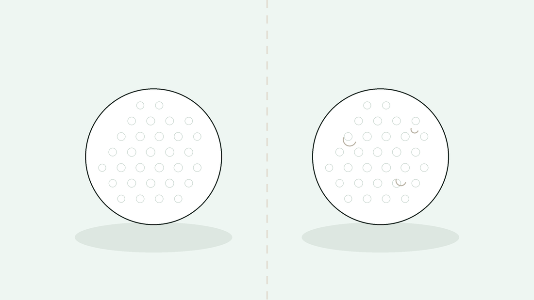 Ny og brukt golfball side om side, illustrasjon