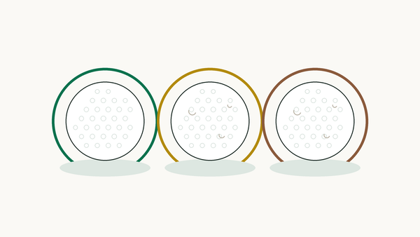 Tre golfballer med fargede ringer som viser grade A/B, C og C/D