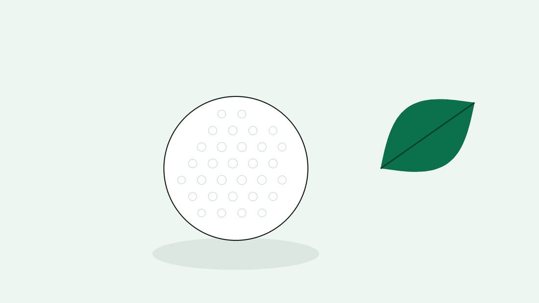 Golfball og groent blad, illustrasjon av miljoeffekt