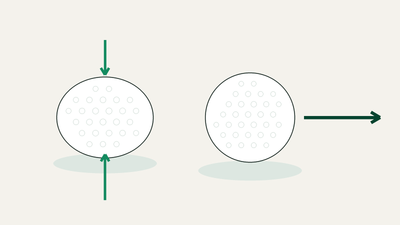 Myk sammenklemt golfball og golfball med lang pil, illustrasjon av soft mot distance