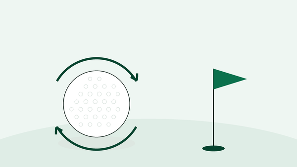 Golfball med rotasjonspiler foran flagget, illustrasjon av spinn